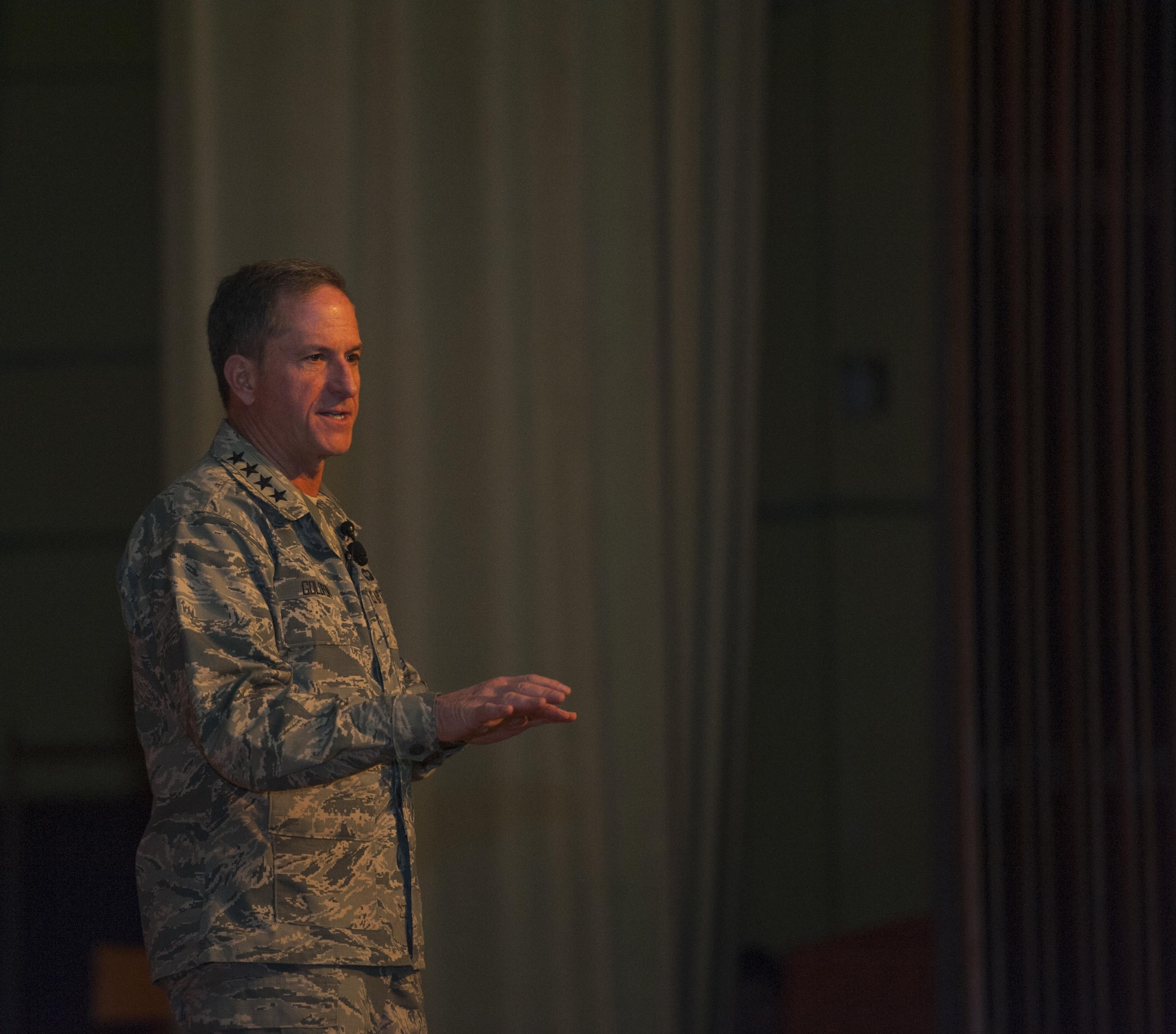 Air Force Chief of Staff Gen. Dave Goldfein speaks to Kadena Airmen during an all call Nov. 4, 2016, at Kadena Air Base, Japan. Goldfein discussed what his focus areas are as the Air Force Chief of Staff. (U.S. Air Force photo by Senior Airman Lynette M. Rolen)