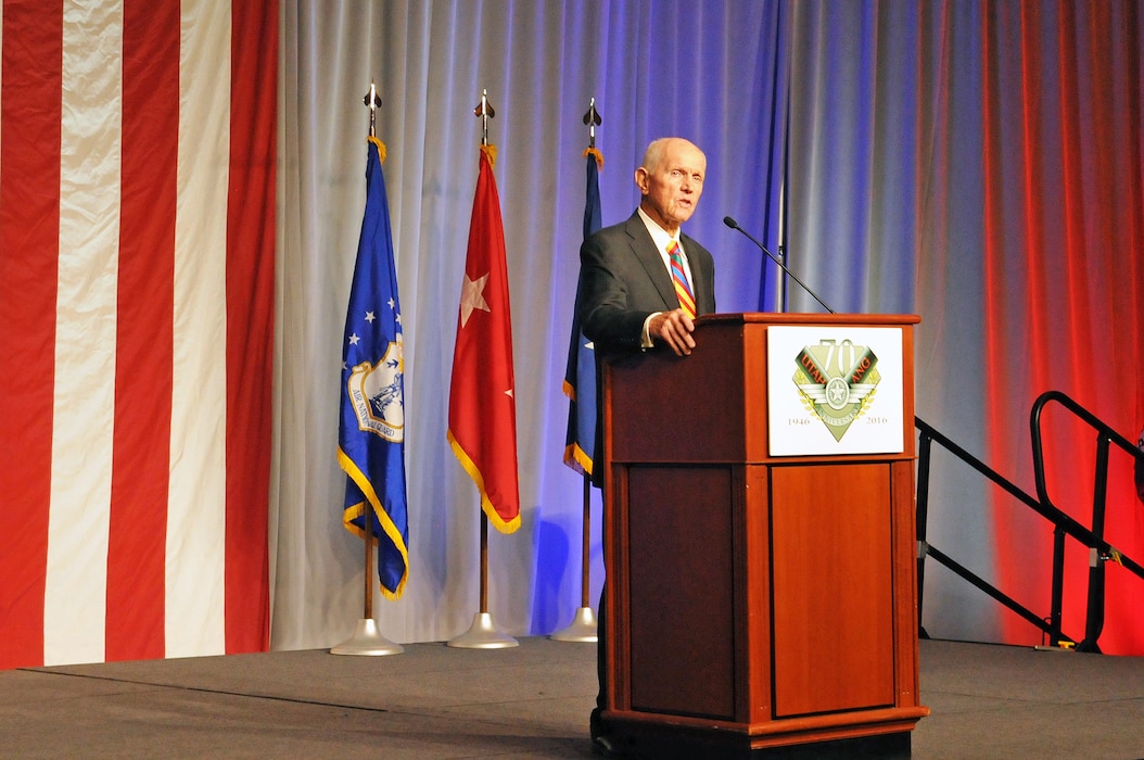 Lt. Col. (Ret.) Jay Hess, prisoner of war and Hanoi Hilton survivor, addresses a group of more than 450 military and civilian guests at the Utah Air National Guard 70th Anniversary Gala on Nov. 4, 2016. The event, hosted by the Utah Air Force Association, was held at The Grand America Hotel in Salt Lake City. (U.S. Air National Guard photo by Staff Sgt. Annie Edwards)