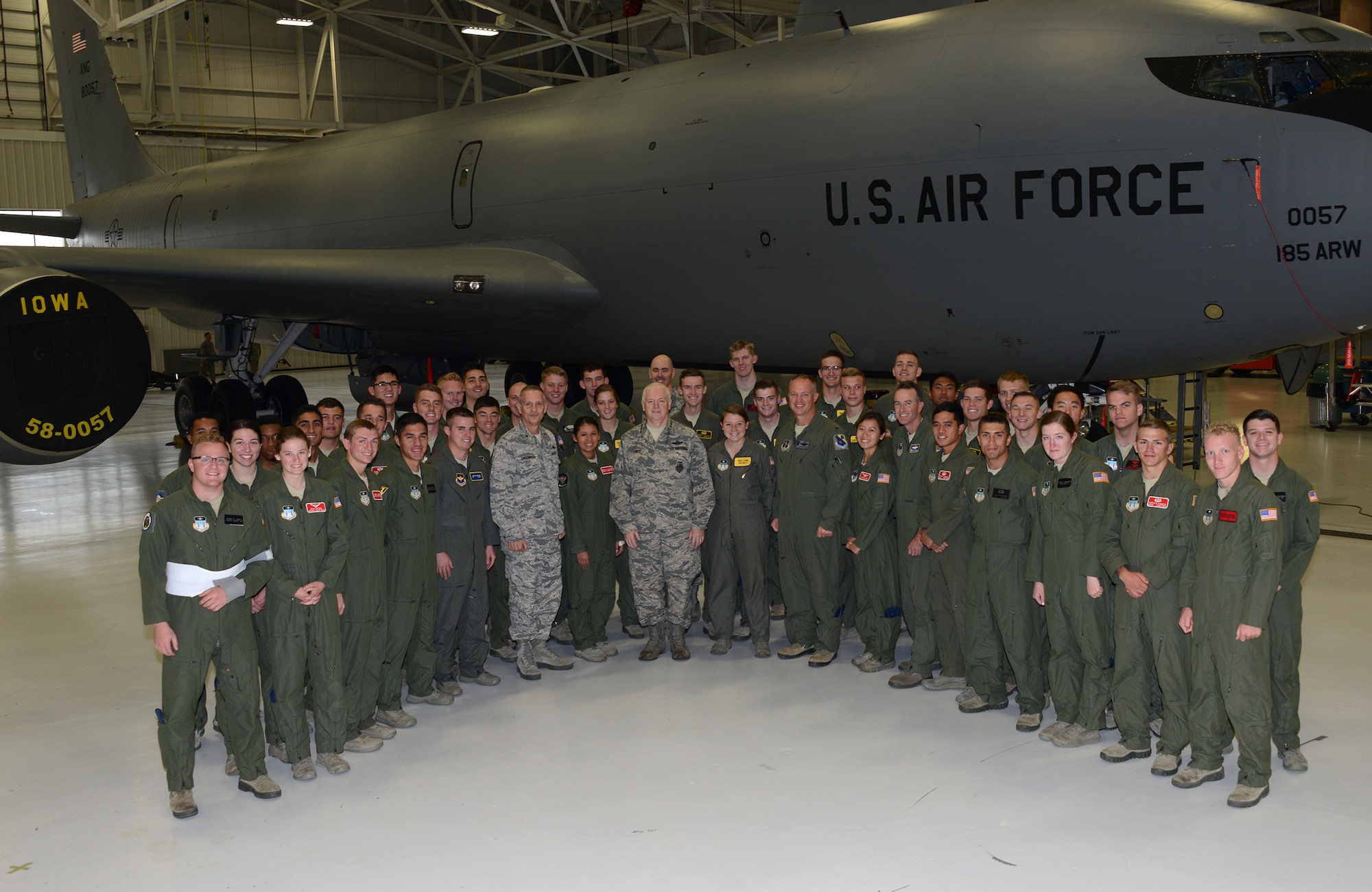 40 Cadets from the United States Air Force Academy in Colorado Springs, Colo. stand with the Director of the Air National Guard, Lt. Gen. Scott Rice (center) in front of a U.S. Air Force Startotanker assigned to the 185th Air Refueling Wing, Iowa Air National Guard, in Sioux City, Iowa on November 5, 2016.
U.S. Air National Guard Photo by: Master Sgt. Vincent De Groot 