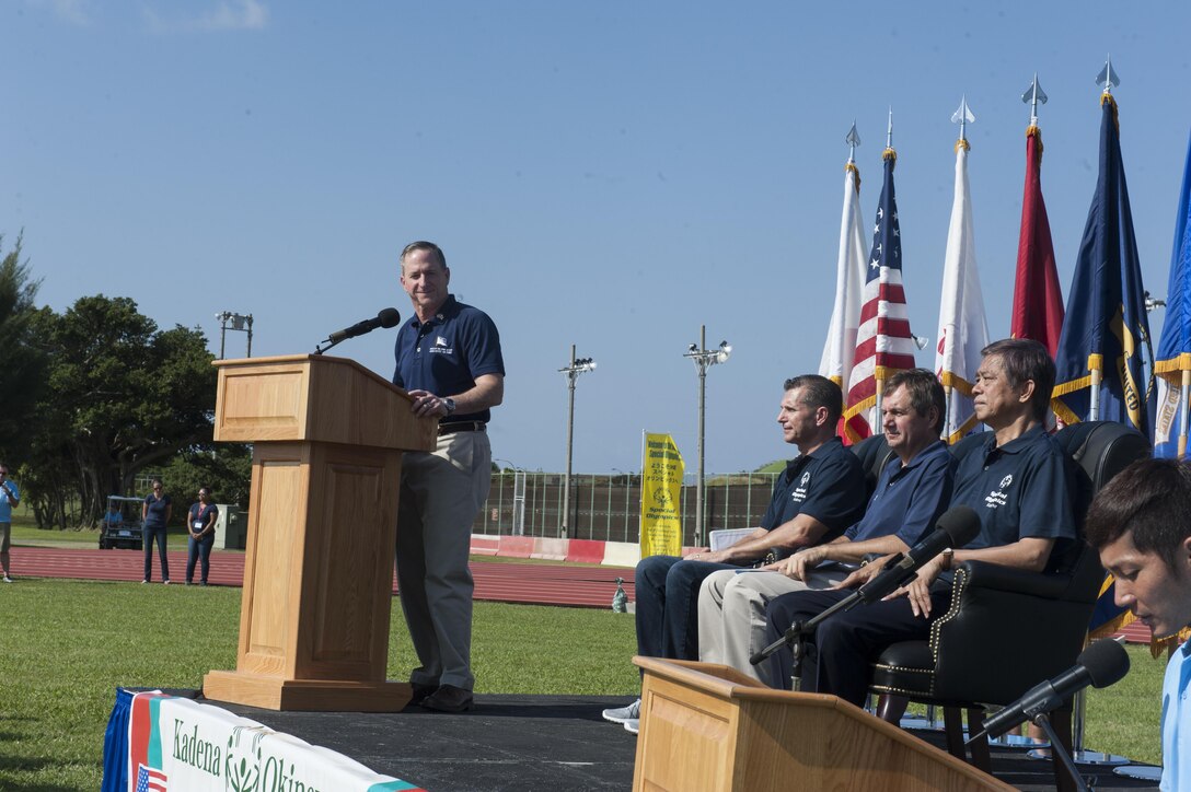 Air Force Chief of Staff Gen. Dave Goldfein delivers the athlete’s oath during the Kadena Special Olympics Nov. 5, 2016, at Kadena Air Base, Japan. The athlete's oath signifies the dedication of each individual athlete participating in the event and begins the KSO. (U.S. Air Force photo by Senior Airman Lynette M. Rolen/Released)
