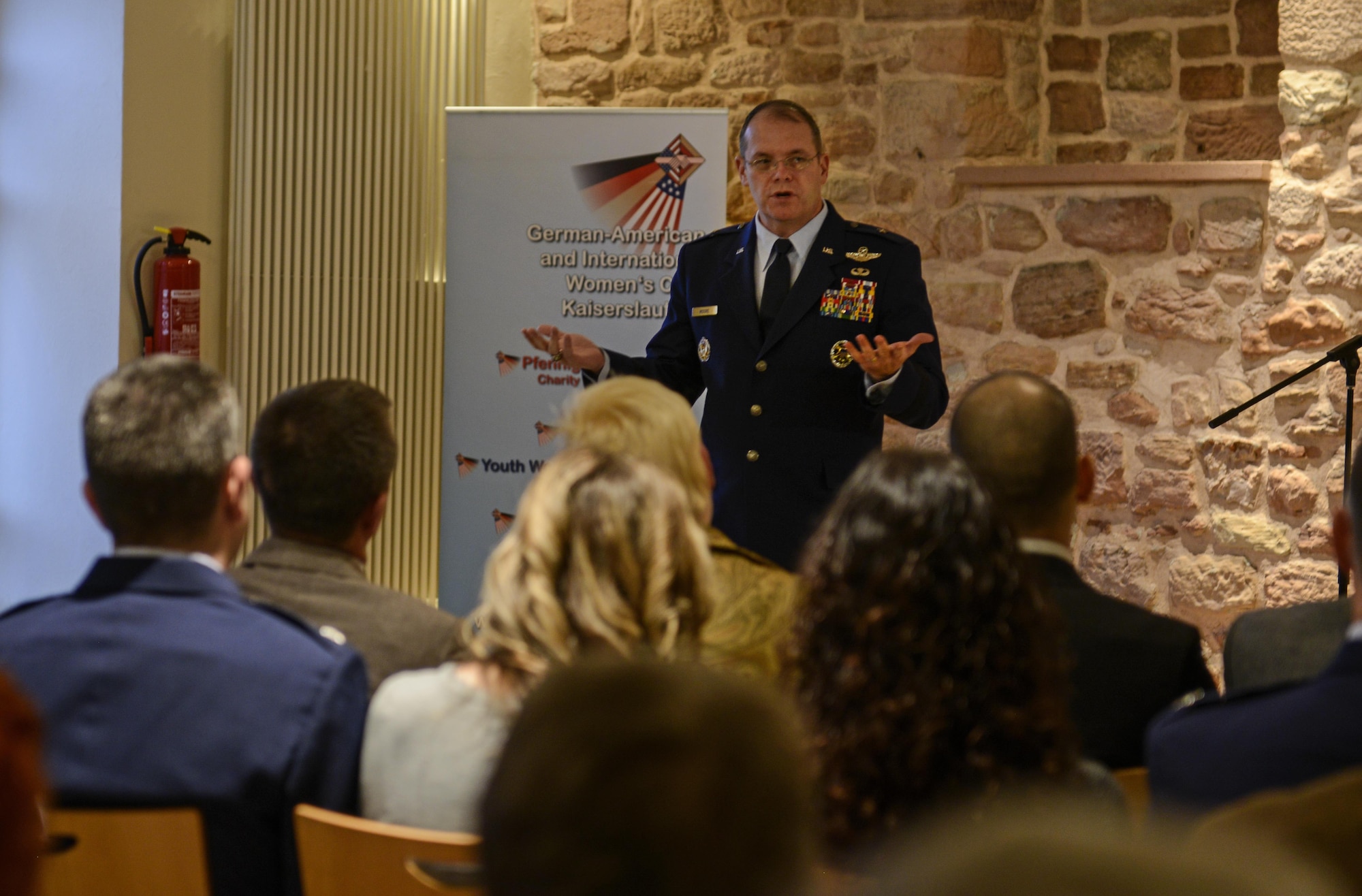 Brig. Gen. Richard G. Moore, Jr., 86th Airlift Wing commander, speaks to a group of local community leaders and members during the 2016 German-American Day celebration in Landstuhl, Germany Nov. 5, 2016. The Kaiserslautern German-American and International Women's Club, the Atlantic Academy and key leaders from local communities around Ramstein Air Base came together to celebrate German-American Day with music and fellowship. (U.S. Air Force photo/TSgt Sara Keller)