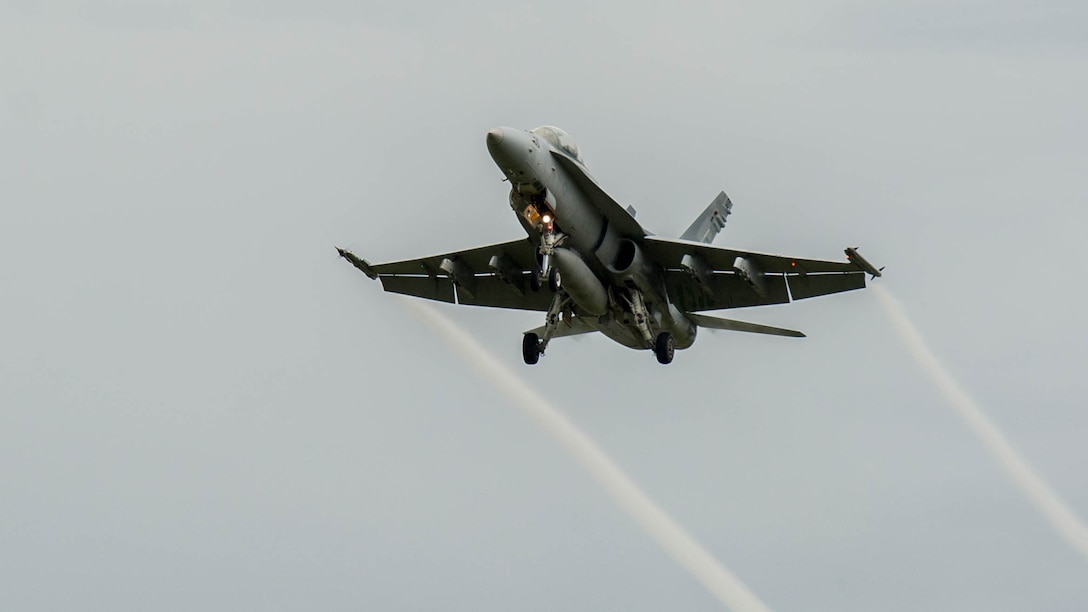 A F/A-18D Hornet with Marine All-Weather Fighter Attack Squadron 225, takes off from Sam Ratulangi International Airport, Indonesia, during exercise Cope West 17, Nov. 7, 2016. This fighter-focused, bilateral exercise between the U.S. Marine Corps and Indonesian Air Force is designed to enhance the readiness of combined interoperability between the two nations. The combined training offered by this exercise helps prepare the U.S. Marine Corps and Indonesia Air Force to work together in promoting a peaceful Indo-Asia-Pacific region while practicing close air support and air-to-air training that will enhance their ability to respond to contingencies throughout the region. 