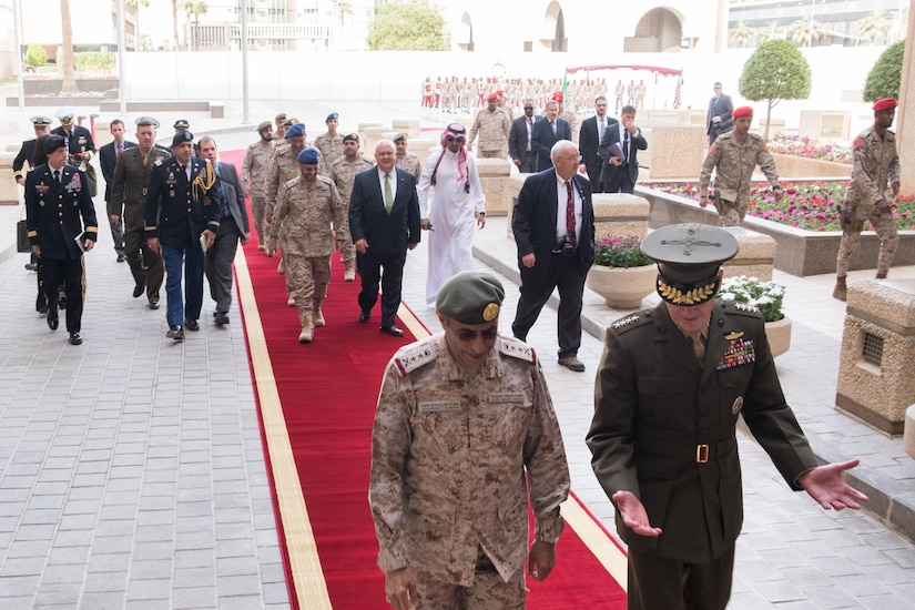 Saudi Chief of Defense Gen. Abdulrahman bin Saleh al-Banyan and Marine Corps Gen. Joe Dunford, chairman of the Joint Chiefs of Staff, walk to a meeting in Riyadh, Saudi Arabia, Nov. 8, 2016. Dunford was in Saudi Arabia to further military relations between the two nations. DoD photo by D. Myles Cullen