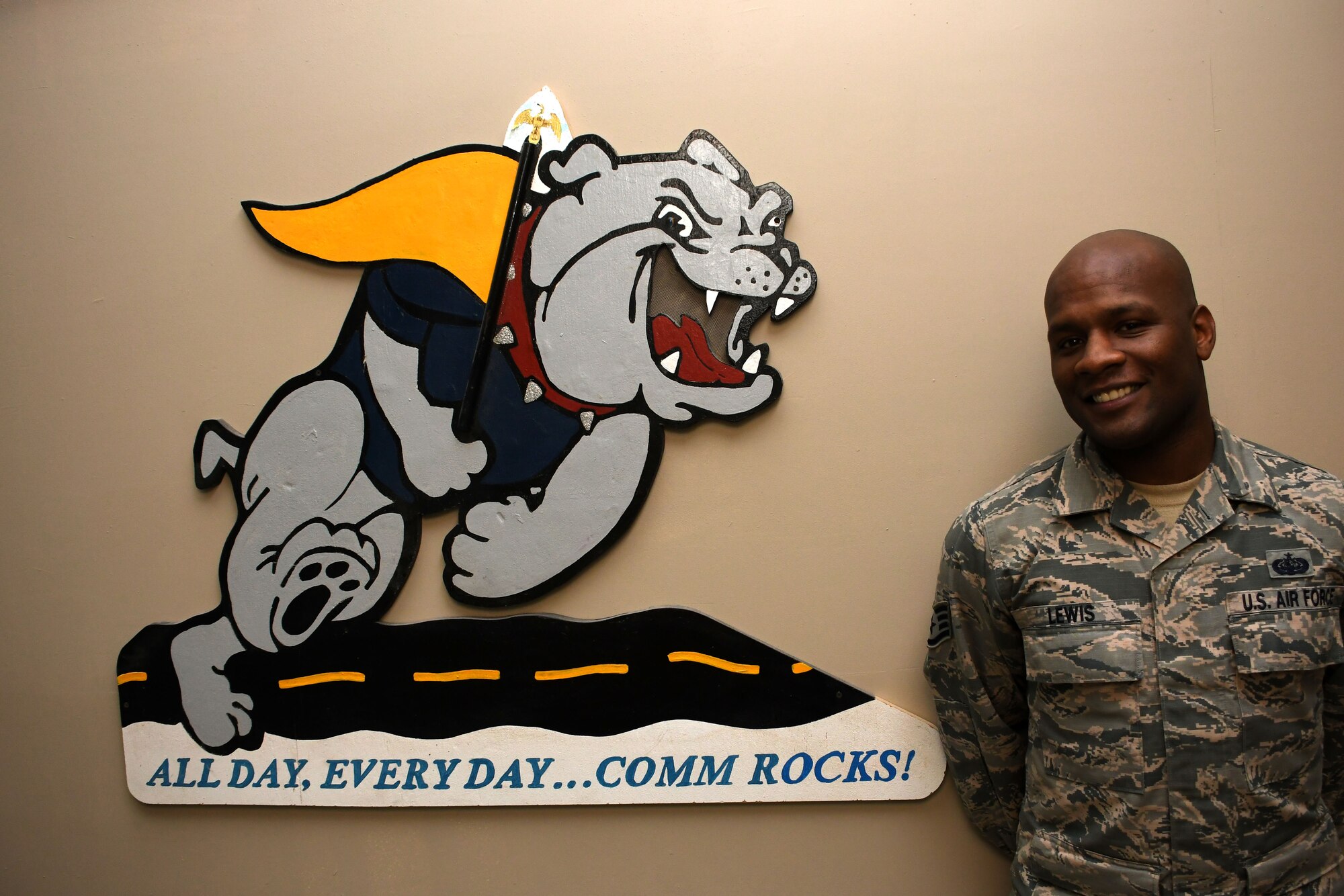 Staff Sgt. Kerry Lewis, a 386th Expeditionary Communications Squadron client systems supervisor,  poses for a photograph at an undisclosed location in Southwest Asia Nov. 8, 2016. Lewis is deployed from the 2nd Communications Squadron at Barksdale Air Force Base, La. (U.S. Air Force photo by Senior Airman Andrew Park/Released)