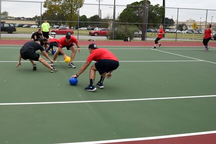 Airmen from 559th Medical Group compete against Airmen from the 959th MDG during the dodgeball tournament on Joint Base San Antonio-Lackland, Texas, Nov. 4, 2016. The 959th MDG successfully defended its title with 1,310 total points during the 59th Medical Wing’s Warrior Medic Challenge. (U.S. Air Force photo/Staff Sgt. Jason Huddleston