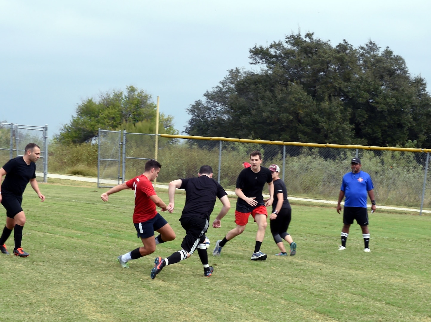 A member of the 959th Medical Group soccer team takes a shot on goal while playing against the 559th MDG during the Warrior Medic Challenge soccer tournament Nov. 4 on Joint Base San Antonio-Lackland, Texas. The 959th MDG placed second in the soccer competition; the 59th Medical Support Group earned first. (U.S. Air Force photo/Staff Sgt. Jason Huddleston)