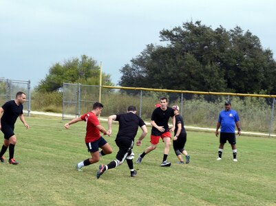 A member of the 959th Medical Group soccer team takes a shot on goal while playing against the 559th MDG during the Warrior Medic Challenge soccer tournament Nov. 4 on Joint Base San Antonio-Lackland, Texas. The 959th MDG placed second in the soccer competition; the 59th Medical Support Group earned first. (U.S. Air Force photo/Staff Sgt. Jason Huddleston)