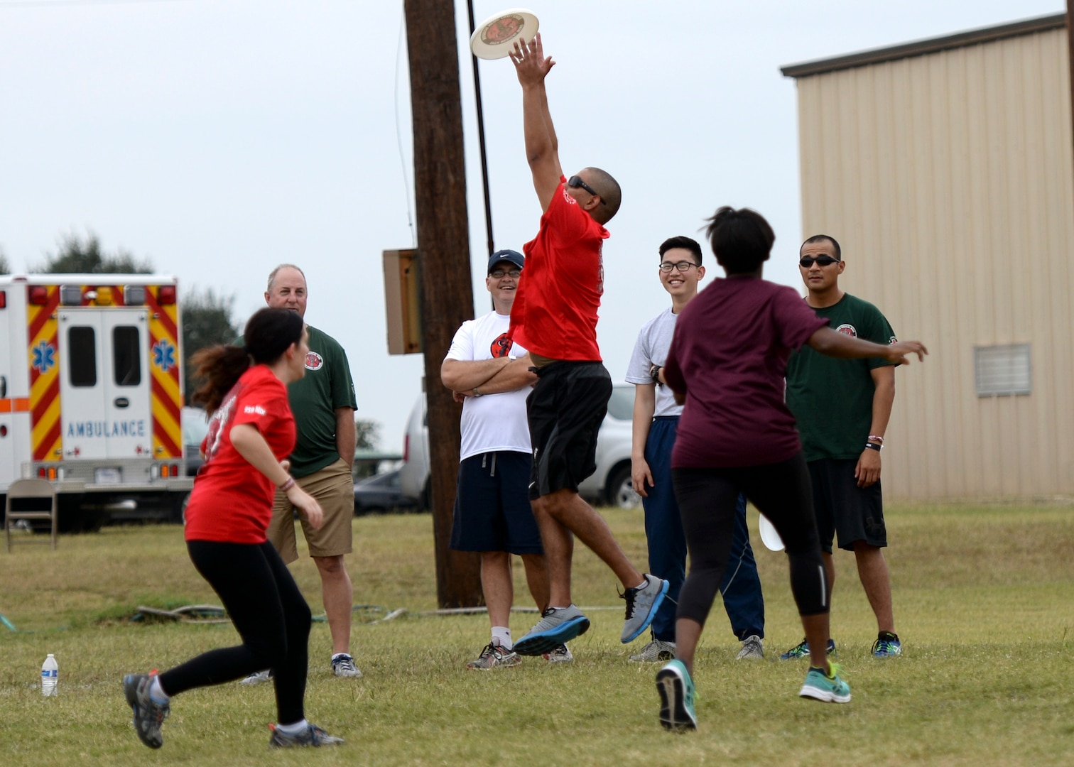 A member of the 959th Medical Group Frisbee team reaches for an overthrown Frisbee during the Ultimate Frisbee Challenge on Joint Base San Antonio-Lackland, Texas, Nov. 4. The ultimate Frisbee challenge was of several team events played during the 59th Medical Wing’s Warrior Medic Challenge. (U.S. Air Force photo/Staff Sgt. Kevin Iinuma)