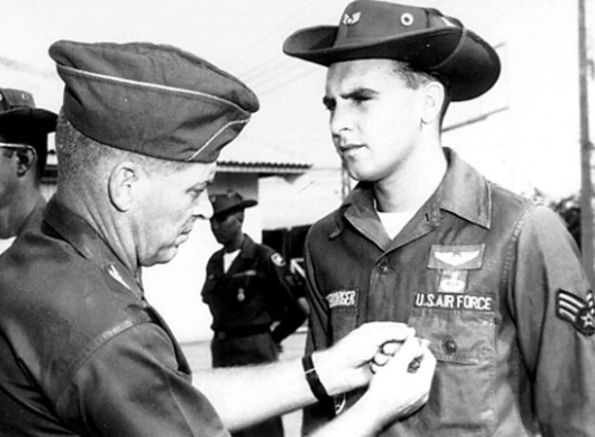 Airman 1st Class William Pitsenbarger received the Air Medal while assigned to the 38th Aerospace Rescue and Recovery Squadron at Bien Hoa Air Base, Vietnam.  The Dining Facility on Wright-Patterson Air Force Base, Ohio is named in his honor. The Piqua, Ohio native was posthumously awarded the Medal of Honor in 2000.  (Photo courtesy of the NMUSAF)