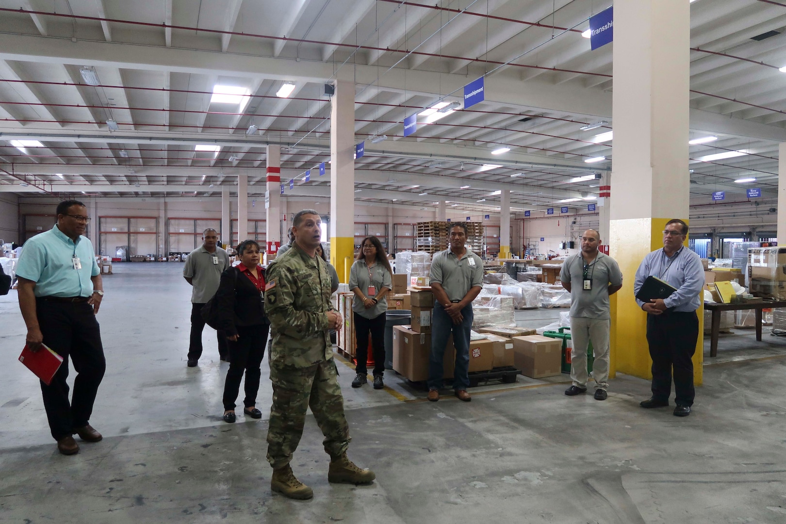 DLA Distribution commander Army Brig. Gen. John Laskodi meets with employees during his visit to DLA Distribution Guam on October 19.