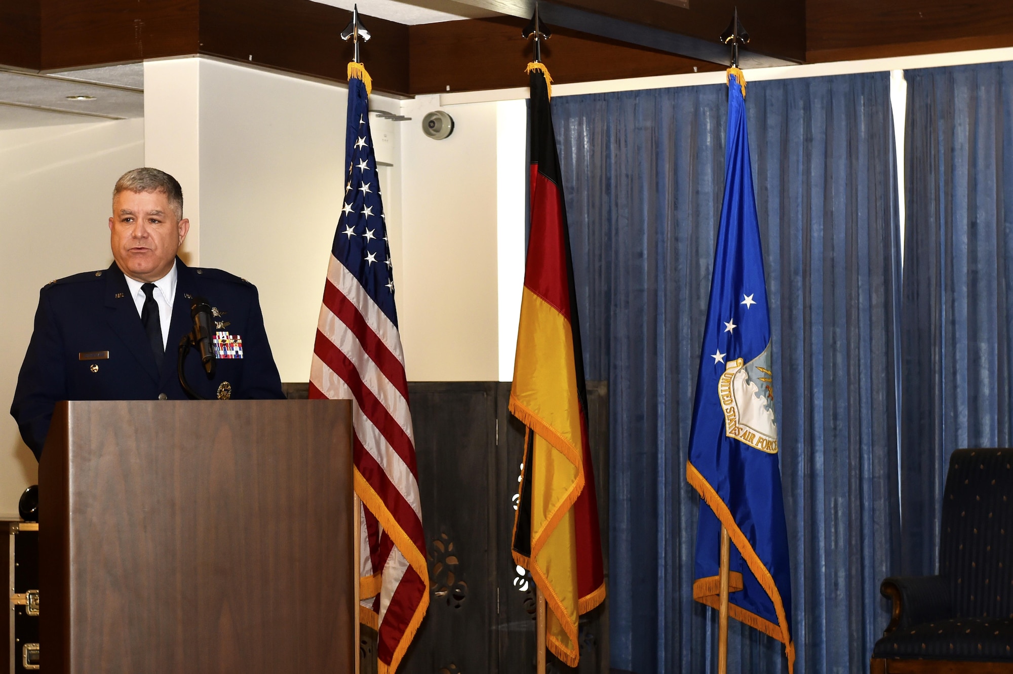 (From left) U.S. Air Force Cols. Jonathan Sutherland, U.S. Air Forces in Europe-Air Forces Africa director of communications, and Curtis Juell, 86th Mission Support Group commander, and Lt. Col. James Huso, 2nd Air Postal Squadron commander, stand at attention during the reading of the reassignment orders at the 2nd AIRPS re-designation ceremony at Ramstein Air Base, Germany, Nov. 9, 2016. The ceremony signified the change in designation, assignment, and organization of the 2nd AIRPS to the USAFE-AFAFRICA AIRPS. (U.S. Air Force photo by Senior Airman Jonathan Bass)
