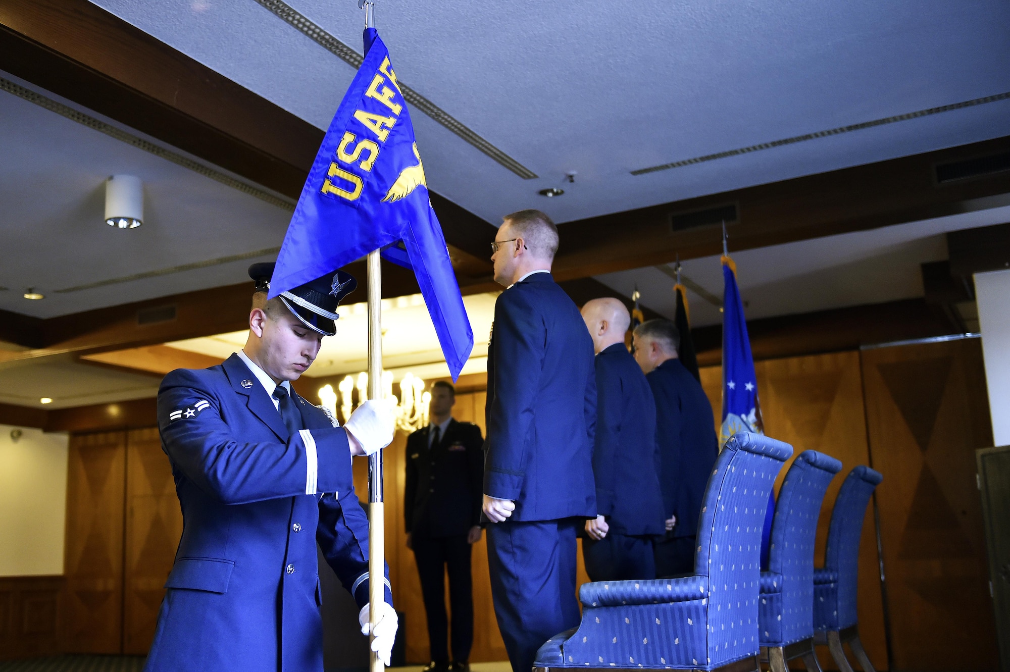 U.S. Air Force Col. Jonathan Sutherland, U.S. Air Forces in Europe Air Forces -Air Forces Africa director of communications, delivers remarks during the 2nd Air Postal Squadron re-designation ceremony at Ramstein Air Base, Germany, Nov. 9, 2016. The 2nd AIRPS was reassigned, designated, and organized to USAFE-AFAFRICA, leaving the 86th Mission Support Group. (U.S. Air Force photo by Senior Airman Jonathan Bass)