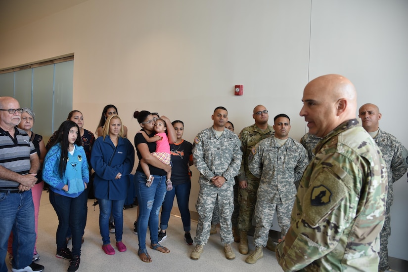 Approximately ten Army Reserve Soldiers from the 215th Military Police Company said good-bye to their family and loved ones at the Luis Munoz Marin Airport in San Juan, Puerto Rico on November 8. Brig. Gen. Alberto C. Rosende, 1st Mission Support Command commanding general, reassured them that the Soldiers were ready for their mission and reminded the unit how important it is to stay engaged with their families.