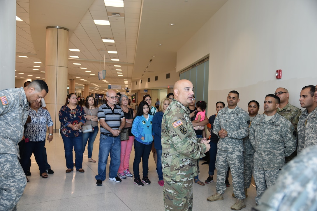 Approximately ten Army Reserve Soldiers from the 215th Military Police Company said good-bye to their family and loved ones at the Luis Munoz Marin Airport in San Juan, Puerto Rico on November 8. Brig. Gen. Alberto C. Rosende, 1st Mission Support Command commanding general, reassured them that the Soldiers were ready for their mission and reminded the unit how important it is to stay engaged with their families.