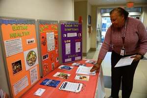 Shirley Pinckney, McDonald Army Health Center Health Management Clinic diabetes program manager, provides information on the prevention and management of diabetes at Joint Base Langley-Eustis, Va., Nov. 8, 2016. The health management clinics at JBLE provide one-on-one and classroom training for those who have been diagnosed as diabetic or prediabetic to help them manage their symptoms and reduce the risk of complications. 