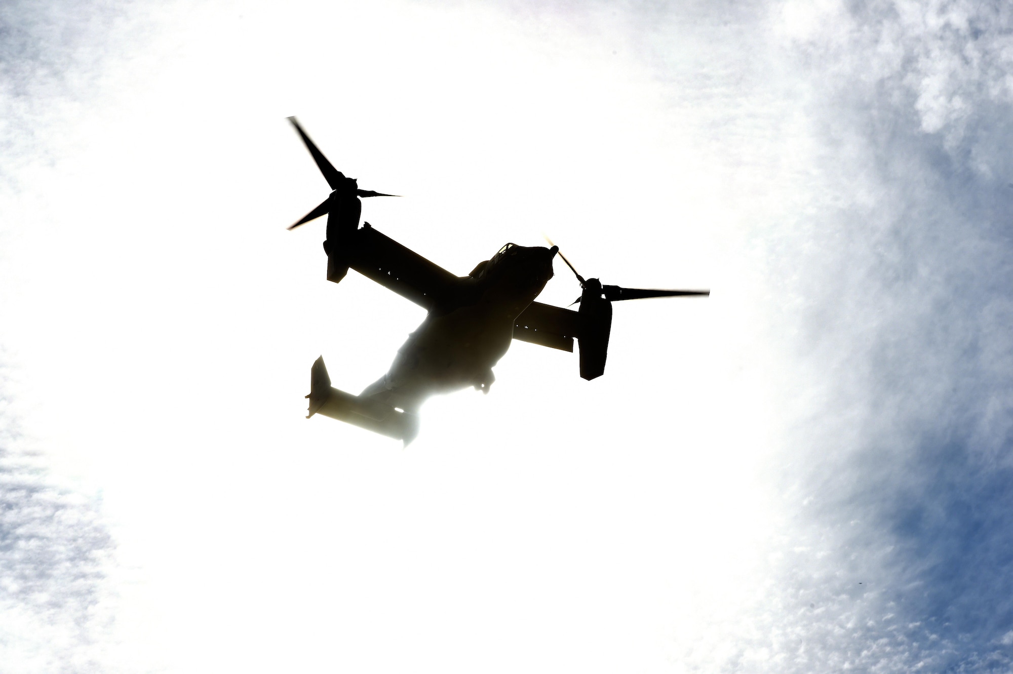A CV-22 Osprey flies over Camp Shelby, Miss., during Task Force Exercise Southern Strike, Oct. 26, 2016. The CV-22 crews with the 8th Special Operations Squadron provided infiltration/exfiltration and fast-roping training for Naval Special Warfare personnel. (U.S. Air Force photo by Senior Airman Jeff Parkinson)