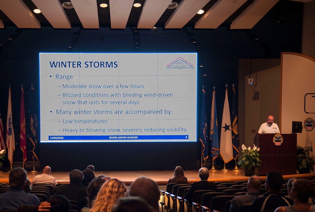 During a Nov. 2 presentation about disaster preparedness during winter months at Defense Supply Center Columbus, Christopher Williams, a community response coordinator for Franklin County, Ohio said many common dangers are amplified during severe cold weather. 