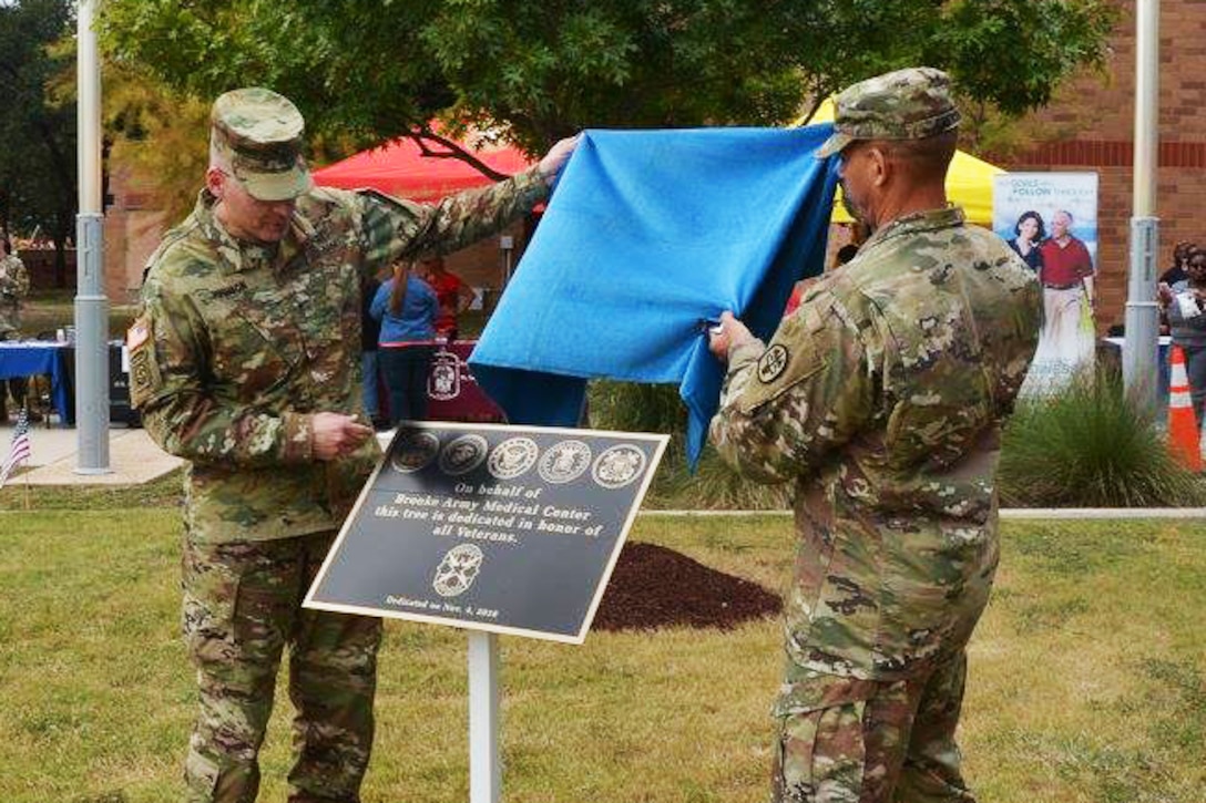 Brooke Army Medical Center Commanding General Army Brig. Gen. Jeffrey Johnson, left, and Command Sgt. Maj. Albert Crews, unveil a temporary marker to dedicate an oak tree to all military veterans at the base in San Antonio, Nov. 4, 2016. Army photo by Robert Shields