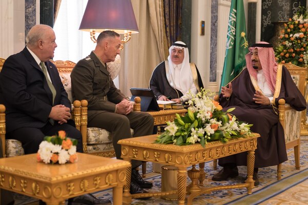 Chairman of the Joint Chiefs of Staff, Gen. Joseph F. Dunford, Jr., met Kingdom of Saudi Arabia, King Salman bin Abdulaziz Al Saud. Gen. Dunford reiterated the United States' commitment to the close U.S.-Saudi relationship and the important role Saudi Arabia plays in regional security. (DoD photo by Myles Cullen)