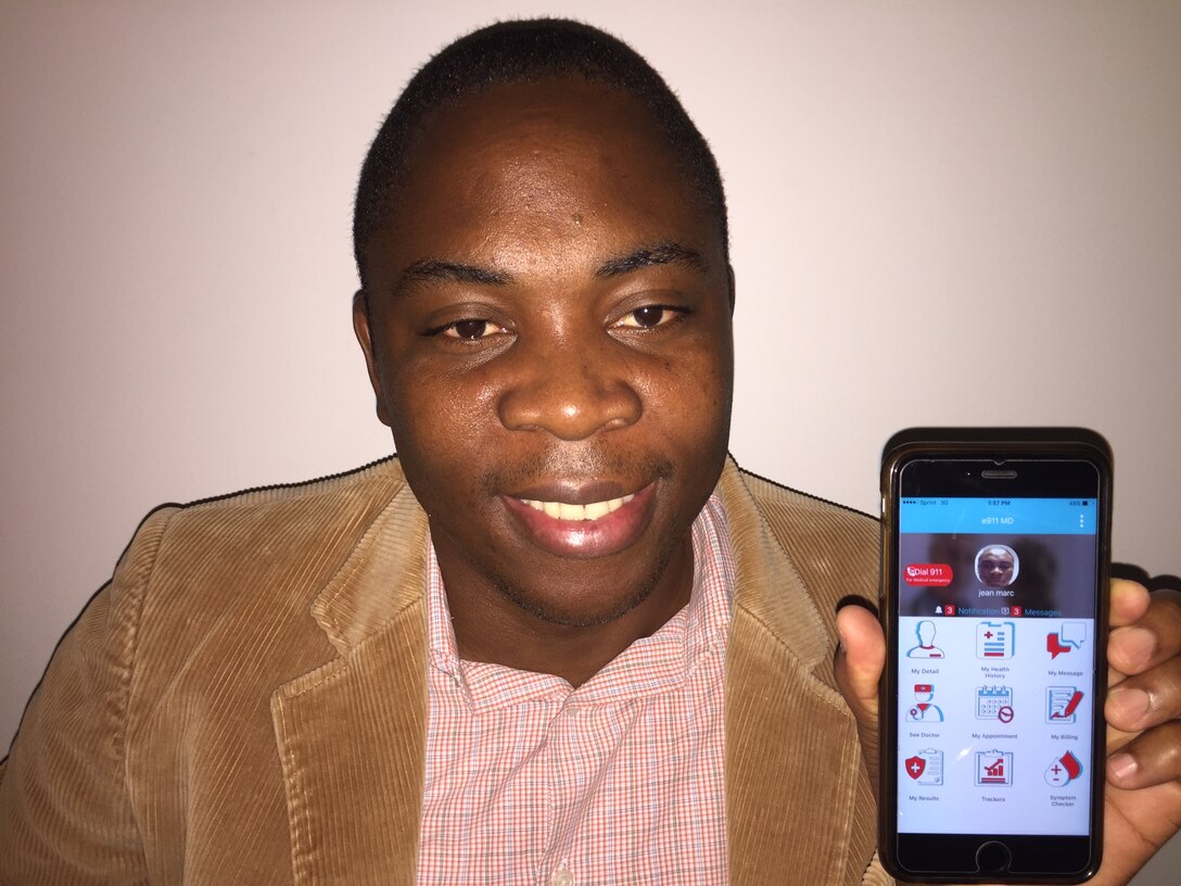 Seniors Airman Jean Marc Tchazou, member of the 439th Force Support Squadron at Westover Air Reserve Base, Mass., has created an app called e911md to help people connect with a doctor, but remain anonymous. (U.S. Air Force photo/ Capt. Meghan Smith)
