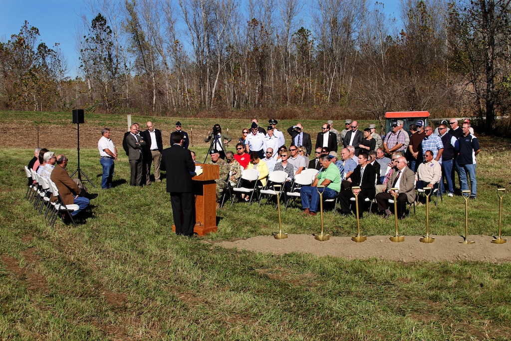 A groundbreaking event occurred Thursday, Nov. 3, 2016 for the first of four phases of the overall St. Joseph levee project. The City of St. Joseph, Mo., and Buchanan County hosted the event for project sponsors and stakeholders adjacent to the MRLS R471-460 levee unit northeast of Rosecrans Memorial Airport. Photo by John Holm.
