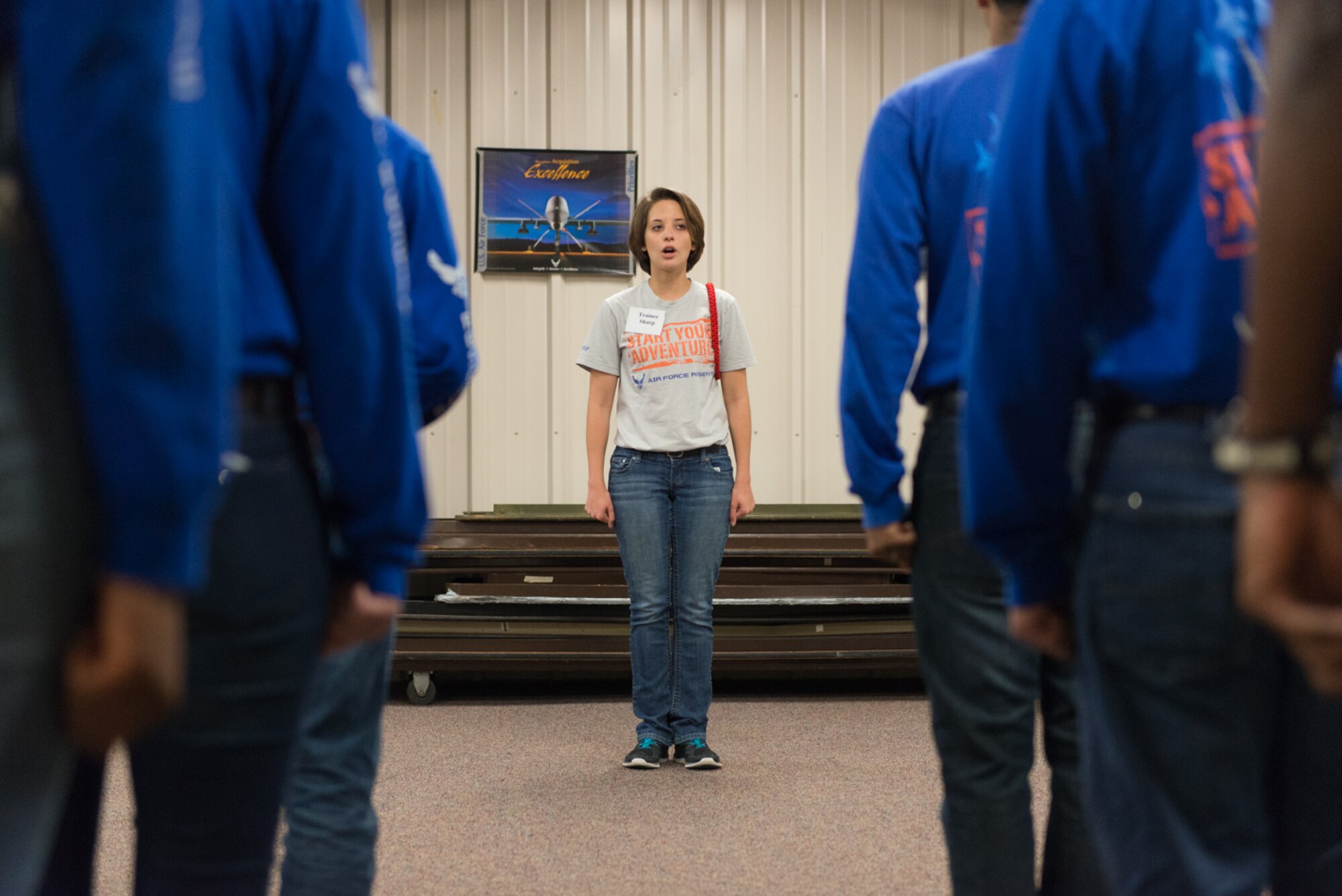 Trainee Samantha Sharp leads a formation of trainees in singing the Air Force Song on November 5. (U.S. Air Force Photo by Tech. Sgt. Trevor Saylor)