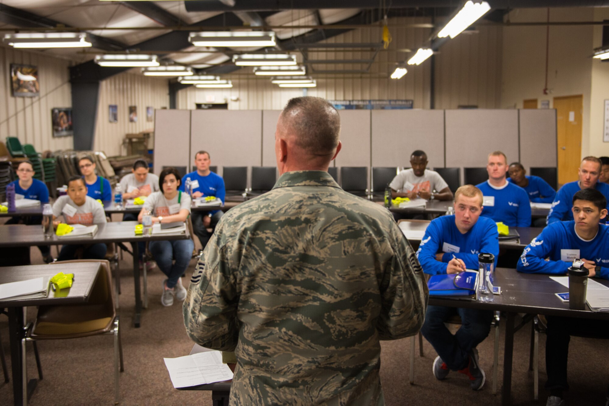 Tech. Sgt. Matthew Schaffer, an Air Force recruiter,  speaks to trainees Nov. 5. (U.S. Air Force Photo by Tech. Sgt. Trevor Saylor)