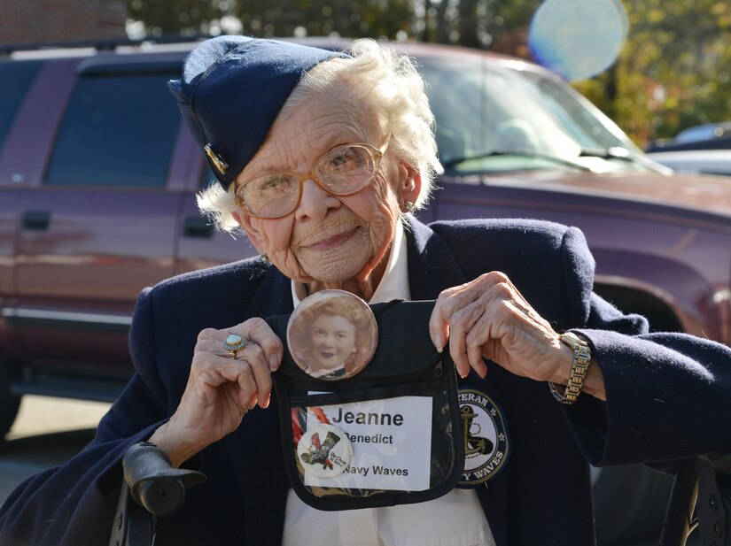 Jeanne Benedict, former U.S. Navy Specialist 2nd Class and former member of Women Accepted for Volunteer Emergency Service poses for a photo during her tour of the 36th Intelligence Squadron at Joint Base Langley-Eustis, Virginia, Nov. 8, 2016. During her service in World War II, Benedict served as cartographer for 22 months. (U.S. Air Force photo by Airman 1st Class Tristan Biese)