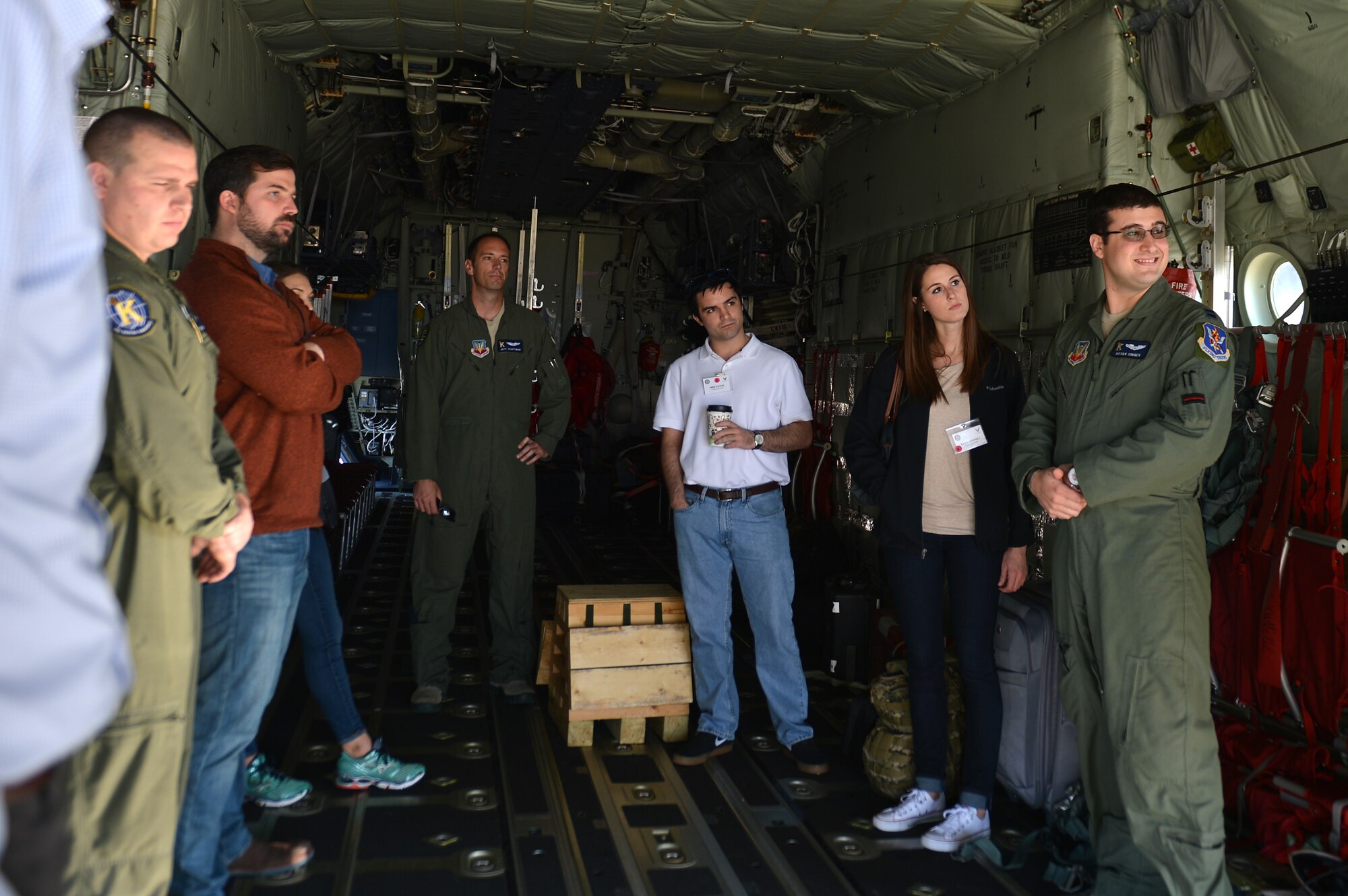 Congressional staff members stand inside an HC-130J static display at Shaw Air Force Base, S.C., Oct. 28, 2016. During their visit, staffers had the opportunity to learn about the functions of various aircraft, including the A-10 Thunderbolt II, HH-60G Pave Hawk and F-16CM Fighting Falcon. (U.S. Air Force photo by Airman 1st Class Christopher Maldonado)