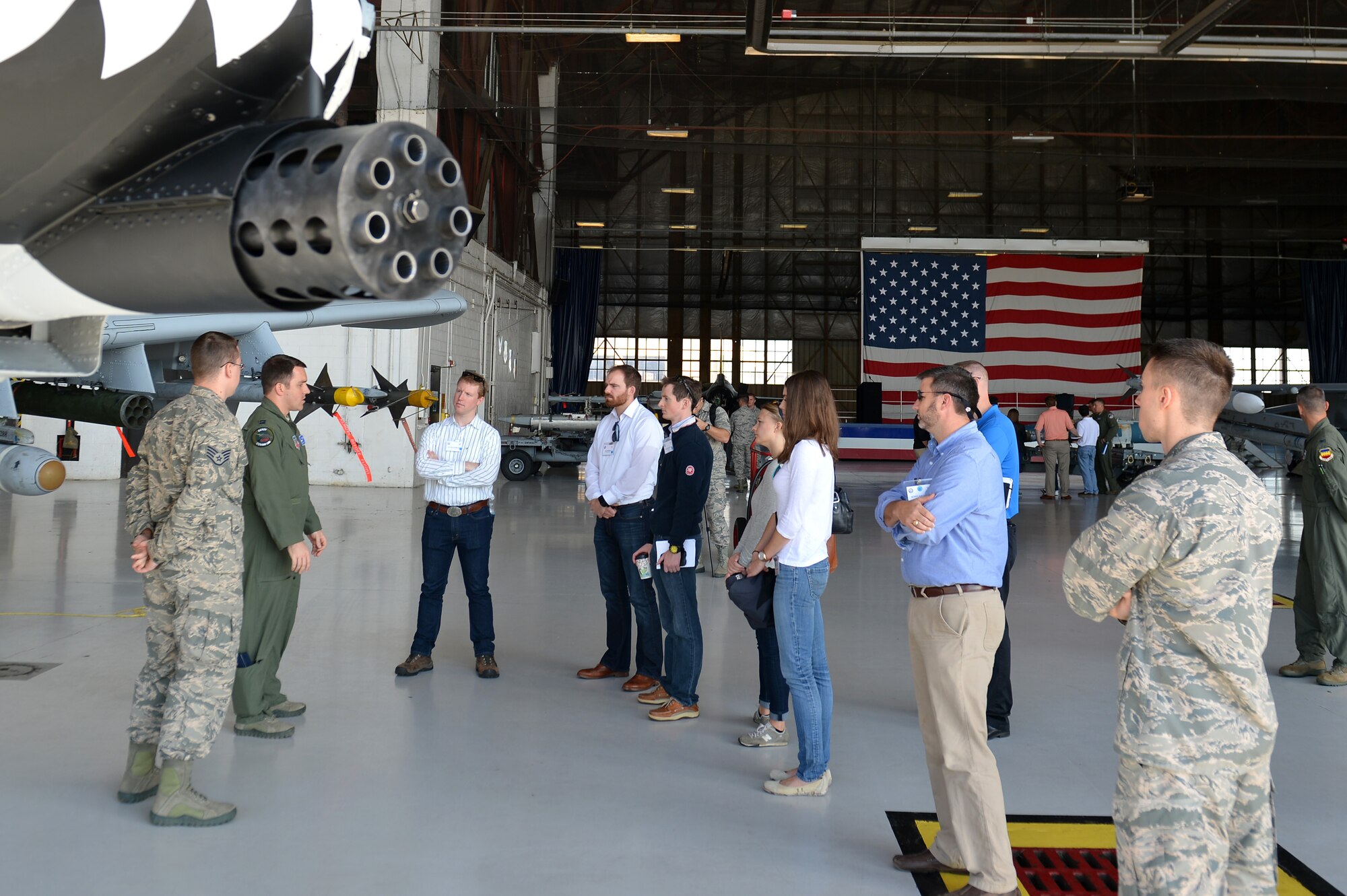 Congressional staff members are briefed on the functions of the A-10C Thunderbolt II during an East Coast Airpower Demonstration static displays tour at Shaw Air Force Base, S.C., Oct. 28, 2016. Staffers learned about the firepower that the A-10 brings to combatant commanders downrange, as well as the support it provides for troop movements. (U.S. Air Force photo by Airman 1st Class Christopher Maldonado)