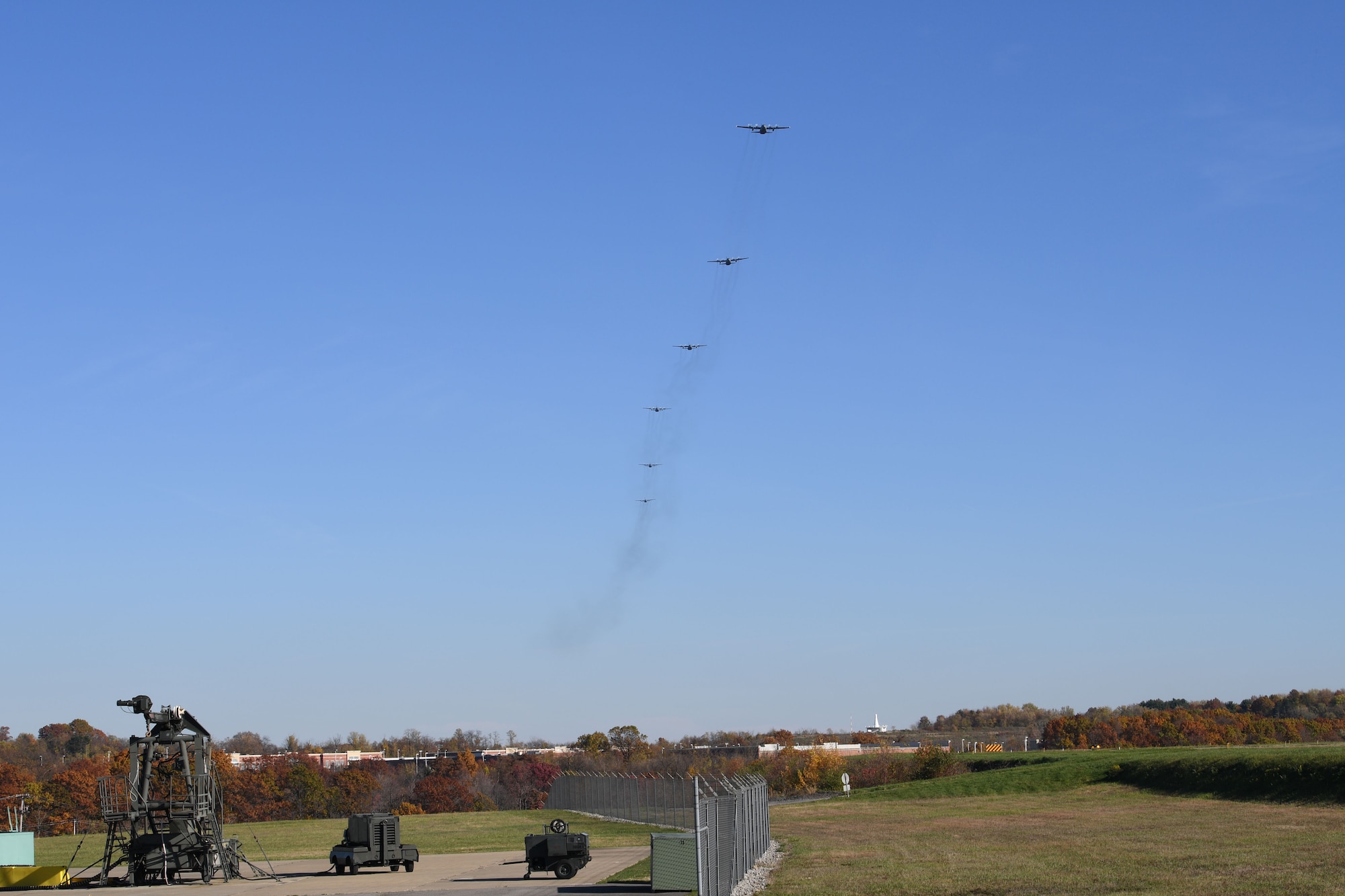 Six C-130 Hercules aircraft fly in formation over the Pittsburgh International Airport Air Reserve Station during an aircraft generation exercise, November 6, 2016. The purpose of this training exercise was to evaluate and test the 911th Airlift Wing’s ability to generate all available aircraft, ensuring the planes are fully mission capable and able to go to war in a prescribed time frame. With the 911th Airlift Wing’s pending conversion from the C-130 Hercules aircraft to the C-17 Globemaster III and a mission change from tactical airlift to strategic airlift, this may be the last generation exercise of its kind here in Pittsburgh. (Photo by Tech Sgt Jonathan Hehnly)