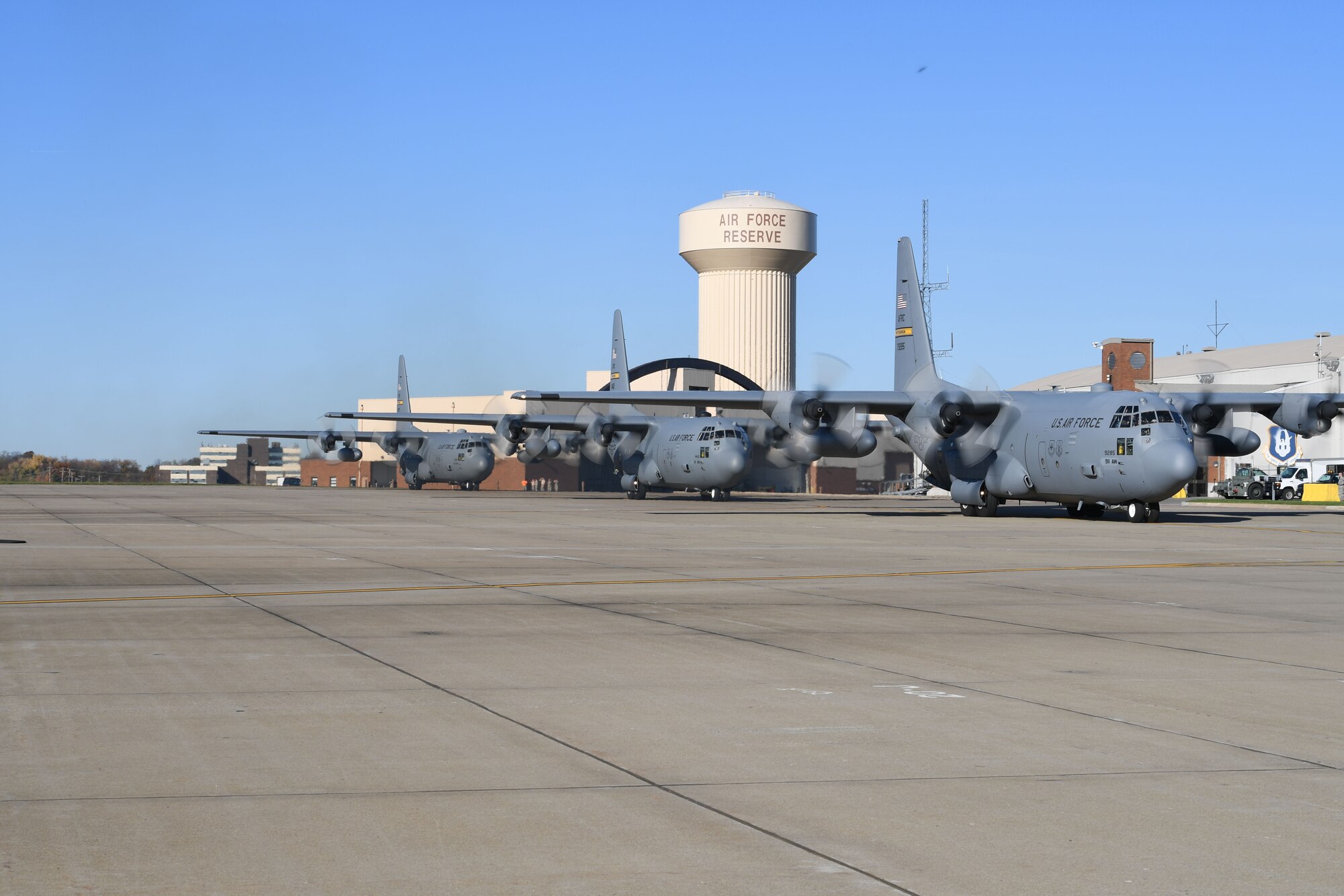 Six C-130 Hercules aircraft taxi into the Pittsburgh International Airport Air Reserve Station during an aircraft generation exercise, November 6, 2016. The purpose of this training exercise was to evaluate and test the 911th Airlift Wing’s ability to generate all available aircraft, ensuring the planes are fully mission capable and able to go to war in a prescribed time frame. With the 911th Airlift Wing’s pending conversion from the C-130 Hercules aircraft to the C-17 Globemaster III and a mission change from tactical airlift to strategic airlift, this may be the last generation exercise of its kind here in Pittsburgh. 