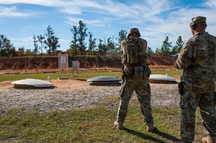 Master Sgt. Robert Mango, with the 9th Mission Support Command and the U.S. Army Reserve Combat Marksmanship Program, engages targets on the second day of the U.S. Army Forces Command Weapons Marksmanship Competition Nov. 8, 2016, at Fort Bragg, N.C. The four-day FORSCOM competition features marksmen from the U.S. Army, U.S. Army Reserve, and the National Guard in events for the M9 pistol, the M4A1 rifle and the M249 SAW, or Squad Automatic Weapon, to recognize Soldiers who are beyond expert marksmen. The multi-tiered events challenge the competitors' ability to accurately and quickly engage targets in a variety of conditions and environments. (U.S. Army photo by Timothy L. Hale/Released)