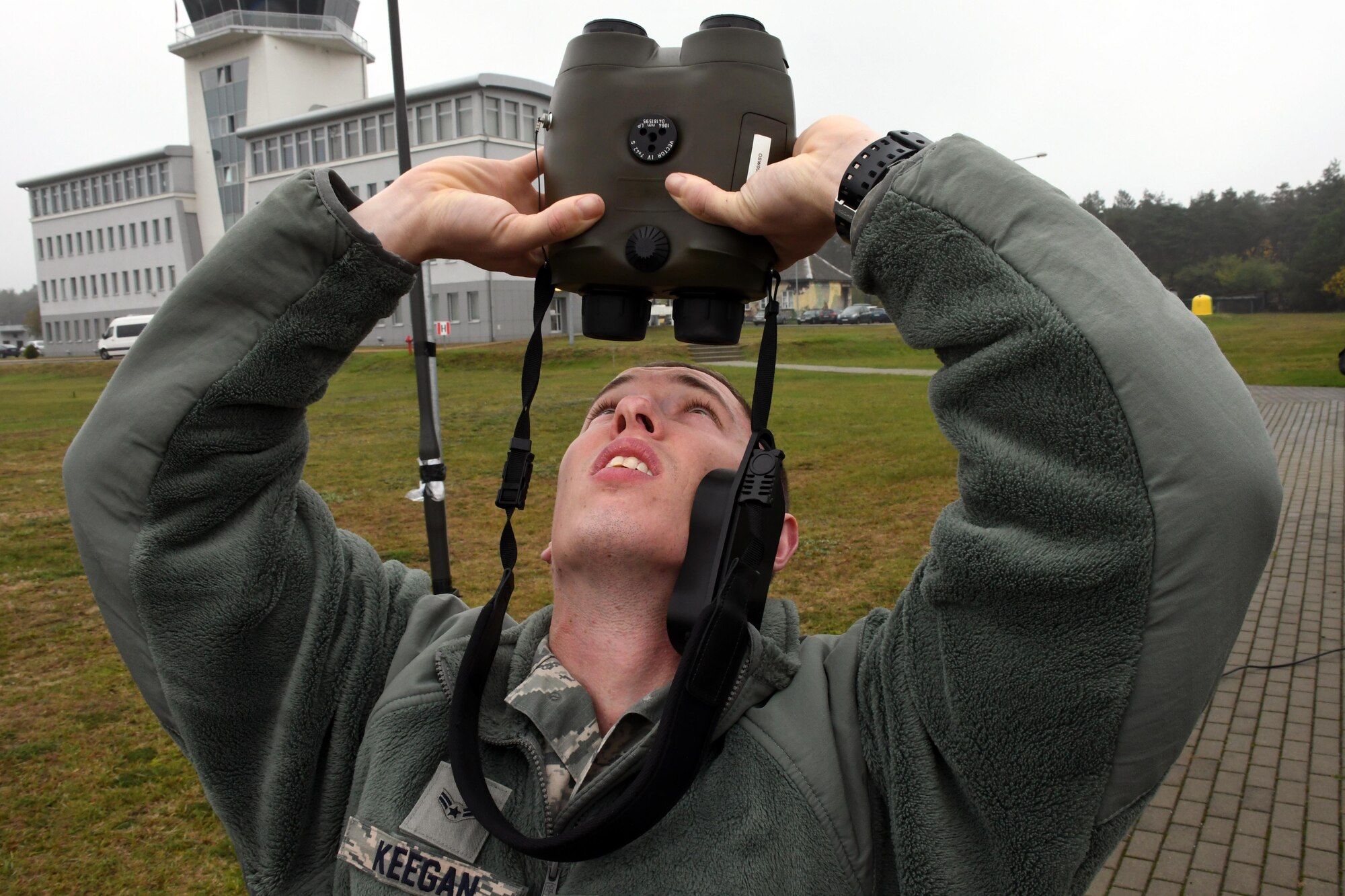 Airman 1st Class Benjamin Keegan, 86th Operations Support Squadron weather technician, checks cloud ceiling heights at Powidz Air Base, Poland on Oct. 25, 2016. Members of the 94th Airlift Wing, Dobbins Air Reserve Base, Ga., and the 86th Airlift Wing, Ramstein Air Base, Germany, trained with the Polish air force during Aviation Detachment 17-1 in support of Operation Atlantic Resolve, Oct. 3-28. (U.S. Air Force photo by Staff Sgt. Alan Abernethy)