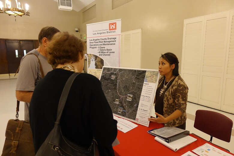 Lillian Doherty, chief of Operations and Maintenance USACE Los Angeles District, discusses the LA River flood zone hazard areas and non-native vegetation removal with attendees at the Glendale Narrows Workshop on Nov. 7.  The Corps conducts non-native vegetation growth removal in the channel to improve LAR capacity. 