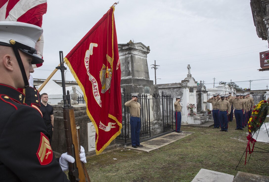 Marines from Marine Forces Reserve present the colors during a wreath-laying ceremony for Major Daniel Carmick at St. Louis Cemetery No. 2 here, Nov. 9, 2016. The Marine Corps visits Carmick’s gravesite annually to conduct a wreath laying ceremony and commemorate his heroic actions.  Carmick led Marines during the Battle of New Orleans in the War of 1812, helping to repel the British forces attempting to take the city. (U.S. Marine Corps photo by Sgt. Sara Graham/released) 