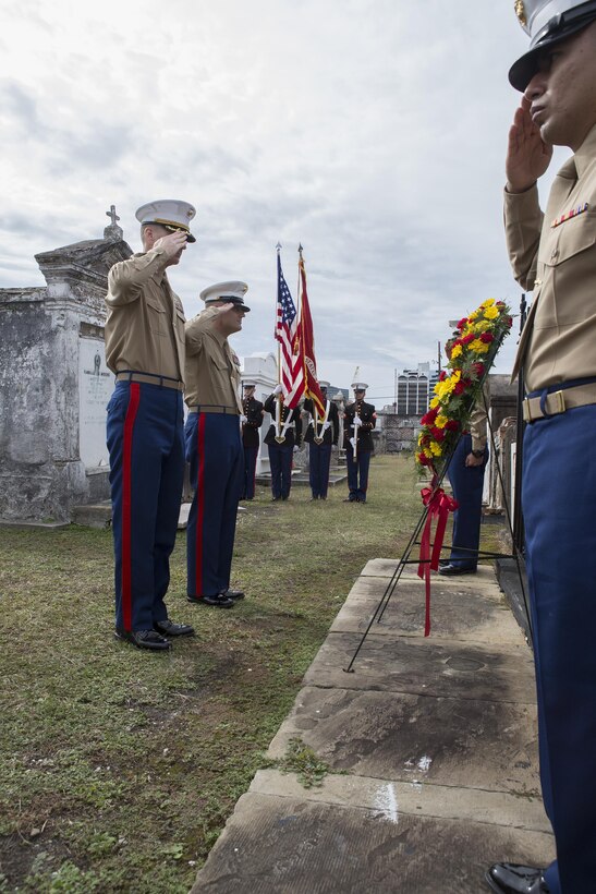 Colonel Derrick Heyl, Commanding Cfficer of Headquarters Battalion, Marine Forces Reserve, and Sergeant Major Michael J. Rowan, Sergeant Major of Headquarters Battalion, salute Major Daniel Carmick at his final resting place at St. Louis Cemetery No. 2 here, Nov. 9, 2016. The Marine Corps visits Carmick’s gravesite annually to conduct a wreath laying ceremony and commemorate his heroic actions.  Carmick led Marines during the Battle of New Orleans in the War of 1812, helping to repel the British forces attempting to take the city. (U.S. Marine Corps photo by Sgt. Sara Graham/released) 