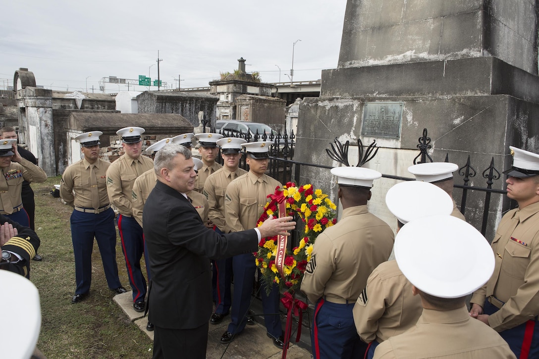 Gregg T. Habel, executive director of Marine Forces Reserve, speaks to Marines attending a wreath-laying ceremony for Major Daniel Carmick at St. Louis Cemetery No. 2 here, Nov. 9, 2016. The Marine Corps visits Carmick’s gravesite annually to conduct a wreath laying ceremony and commemorate his heroic actions.  Carmick led Marines during the Battle of New Orleans in the War of 1812, helping to repel the British forces attempting to take the city. (U.S. Marine Corps photo by Sgt. Sara Graham/released) 