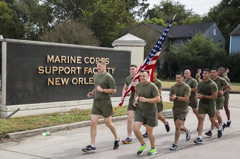 Colonel Derrick Heyl, Commanding Officer of Headquarters Battalion, Marine Forces Reserve, and Sergeant Major Michael J. Rowan, Sergeant Major of Headquarters Battalion, lead Marines from Marine Forces Reserve on a motivational run around the facility and local neighborhood here, on Nov. 9, 2016. The run celebrated the 241st Marine Corps birthday – the day that commemorates the beginning of the Marine Corps and is when all Marines reflect on their history and the special bond that they have with one another. (U.S. Marine Corps photo by Cpl. Melissa Martens/ Released)  
