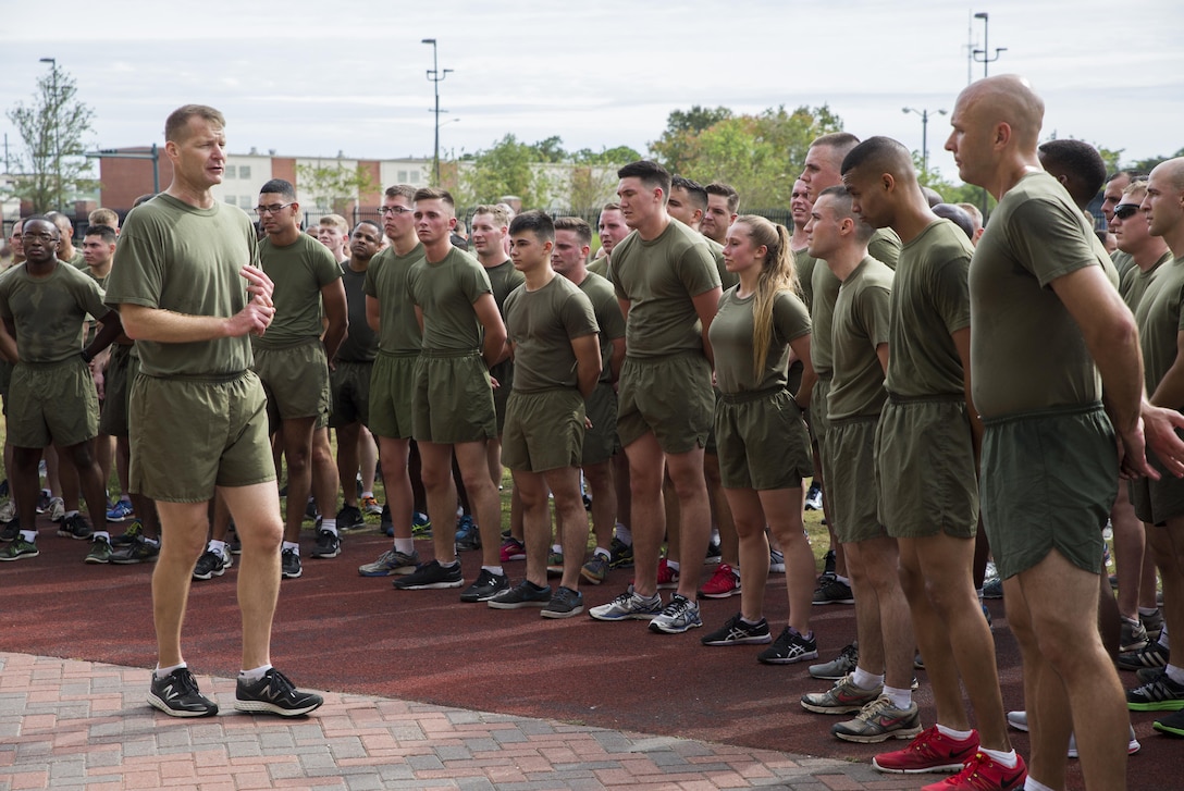 Colonel Derrick Heyl, Commanding Officer of Headquarters Battalion, Marine Forces Reserve, addresses the Marines of Marine Forces Reserve after a 3-mile motivational run here, Nov. 9, 2016. The run celebrated the 241st Marine Corps birthday – the day that commemorates the beginning of the Marine Corps and is when all Marines reflect on their history and the special bond that they have with one another. (U.S. Marine Corps photo by Cpl. Melissa Martens/ Released)  