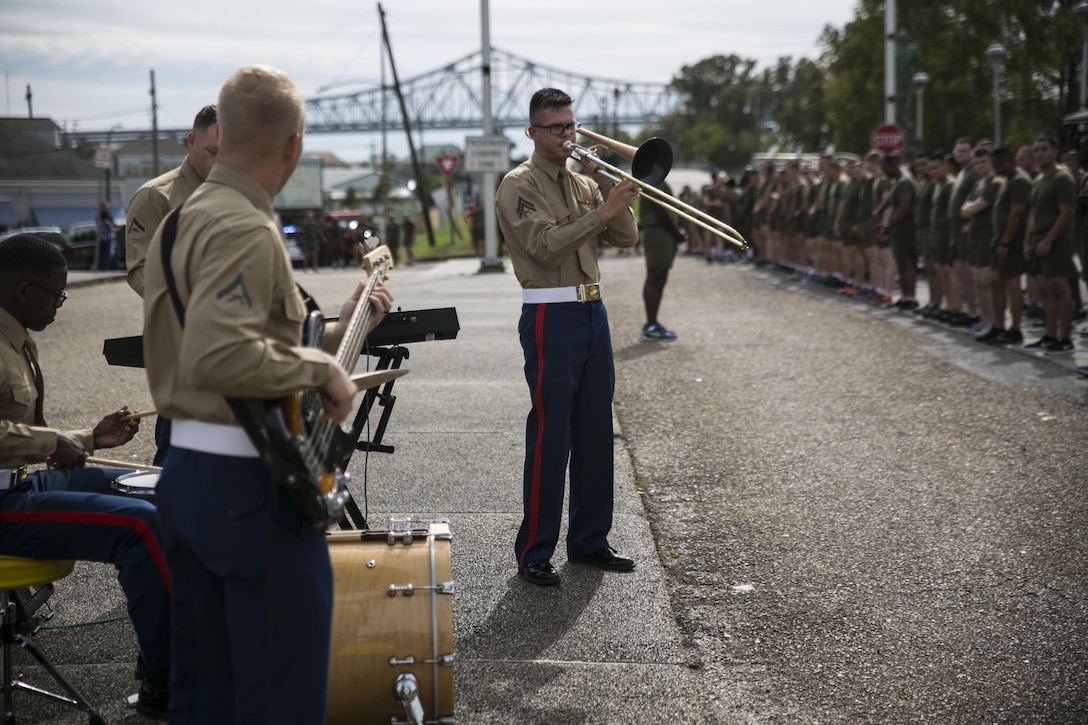 Marines with the Marine Corps Band New Orleans perform during Marine Forces Reserve’s annual 3-mile motivational formation run in celebration of the Marine Corps’ Birthday here, Nov. 9, 2016. Each year, the Marines celebrate the Corps’ birthday with a cake-cutting ceremony followed by a run. Since Nov. 10, 1775, the United States Marine Corps has earned the reputation as the world's most effective expeditionary fighting force – engaging in combat on battlefields across the globe. (U.S. Marine Corps photo by Cpl. Gabrielle Quire