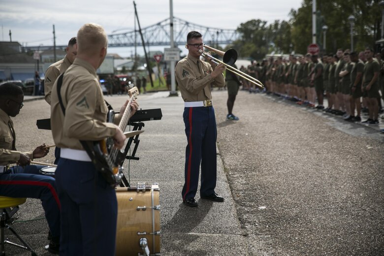 Marines with the Marine Corps Band New Orleans perform during Marine Forces Reserve’s annual 3-mile motivational formation run in celebration of the Marine Corps’ Birthday here, Nov. 9, 2016. Each year, the Marines celebrate the Corps’ birthday with a cake-cutting ceremony followed by a run. Since Nov. 10, 1775, the United States Marine Corps has earned the reputation as the world's most effective expeditionary fighting force – engaging in combat on battlefields across the globe. (U.S. Marine Corps photo by Cpl. Gabrielle Quire