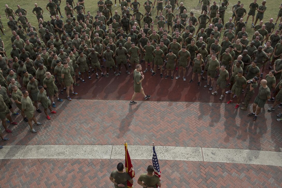 Colonel Derrick Heyl, Commanding Officer of Headquarters Battalion, Marine Forces Reserve, speaks to his Marines after completing a 3-mile motivational formation run here, Nov. 9, 2016. Each year, Marines celebrate the Corps’ birthday with a cake-cutting ceremony followed by a run. Since Nov. 10, 1775, the United States Marine Corps has earned the reputation as the world's most effective expeditionary fighting force – engaging in combat on battlefields across the globe. (U.S. Marine Corps photo by Sgt. Sara Graham)