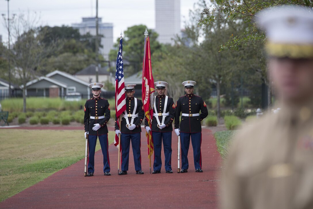 Marines from Marine Forces Reserve prepare to present the colors during the 241st Marine Corps birthday celebration here, Nov. 9, 2016. Each year, Marines celebrate the Corps’ birthday with a cake-cutting ceremony followed by a run. Since Nov. 10, 1775, the United States Marine Corps has earned the reputation as the world's most effective expeditionary fighting force – engaging in combat on battlefields across the globe. (U.S. Marine Corps photo by Sgt. Sara Graham)