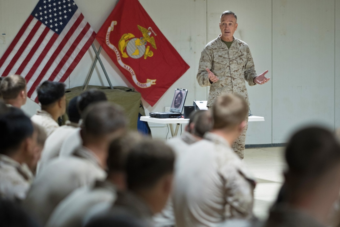 Marine Corps Gen. Joe Dunford, chairman of the Joint Chiefs of Staff,  addresses Marines deployed in support of Operation Inherent Resolve in Taqaddum, Iraq, Nov. 9, 2016. DoD photo by D. Myles Cullen