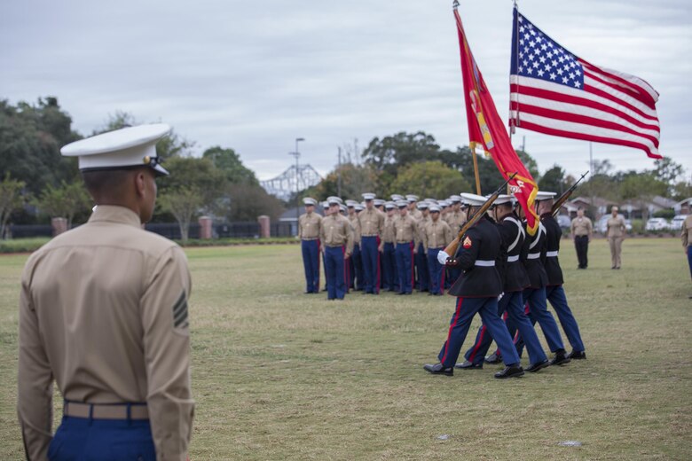 Marines from Marine Forces Reserve march on the colors during the 241st Marine Corps birthday celebration here, Nov. 9, 2016. Each year, Marines celebrate the Corps’ birthday with a cake-cutting ceremony followed by a run. Since Nov. 10, 1775, the United States Marine Corps has earned the reputation as the world's most effective expeditionary fighting force – engaging in combat on battlefields across the globe. (U.S. Marine Corps photo by Sgt. Sara Graham)