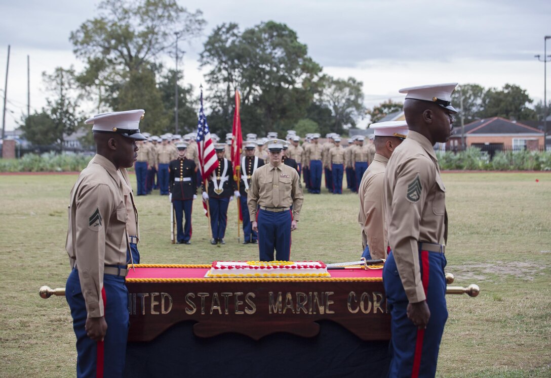 Marines from Marine Forces Reserve carry out the cake during the 241st Marine Corps birthday celebration here, Nov. 9, 2016. Each year, the Marines celebrate the Corps’ birthday with a cake-cutting ceremony followed by a run. Since Nov. 10, 1775, the United States Marine Corps has earned the reputation as the world's most effective expeditionary fighting force – engaging in combat on battlefields across the globe. (U.S. Marine Corps photo by Sgt. Sara Graham)