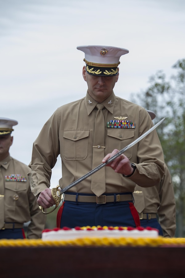 Colonel Derrick Heyl, Commanding Officer of Headquarters Battalion, Marine Forces Reserve, prepares to cuts the cake during the 241st Marine Corps birthday celebration here, Nov. 9, 2016. Each year, the Marines celebrate the Corps’ birthday with a cake-cutting ceremony followed by a run. Since Nov. 10, 1775, the United States Marine Corps has earned the reputation as the world's most effective expeditionary fighting force – engaging in combat on battlefields across the globe. (U.S. Marine Corps photo by Sgt. Sara Graham)