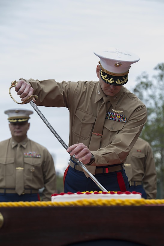 Colonel Derrick Heyl, Commanding Officer of Headquarters Battalion, Marine Forces Reserve, cuts the cake during the 241st Marine Corps birthday celebration here, Nov. 9, 2016. Each year, the Marines celebrate the Corps’ birthday with a cake-cutting ceremony followed by a run. Since Nov. 10, 1775, the United States Marine Corps has earned the reputation as the world's most effective expeditionary fighting force – engaging in combat on battlefields across the globe. (U.S. Marine Corps photo by Sgt. Sara Graham)