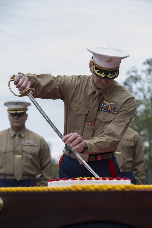 Colonel Derrick Heyl, Commanding Officer of Headquarters Battalion, Marine Forces Reserve, cuts the cake during the 241st Marine Corps birthday celebration here, Nov. 9, 2016. Each year, the Marines celebrate the Corps’ birthday with a cake-cutting ceremony followed by a run. Since Nov. 10, 1775, the United States Marine Corps has earned the reputation as the world's most effective expeditionary fighting force – engaging in combat on battlefields across the globe. (U.S. Marine Corps photo by Sgt. Sara Graham)